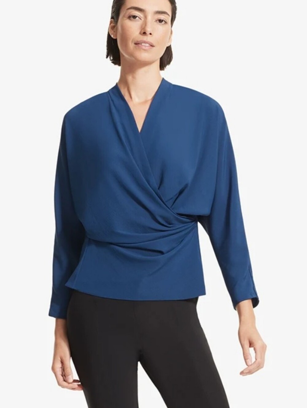 MM. LaFleur Rivers Top Draped V-Neck Long-Sleeve Top in Blue Size 14